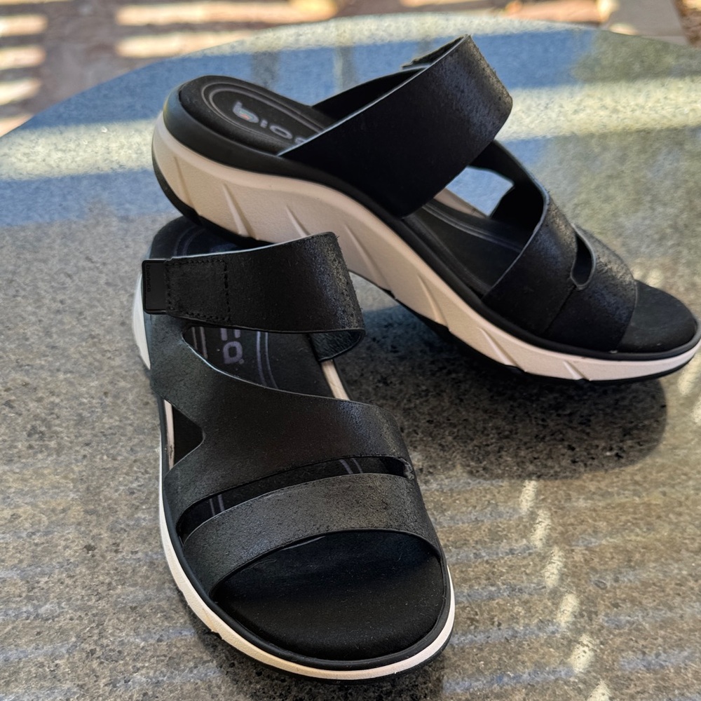 Bionics Black with White Platform Slide Sandals